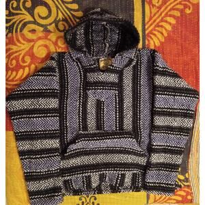 Baja Joe Mexican Blanket Lavendar Grey Woven Baja Hoodie SZ L